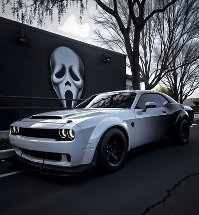 a white car parked in front of a building with a skull painted on it's side Halloween Hellcat White Dodge Challenger, Blacked Out Cars, Production Car Racing, black