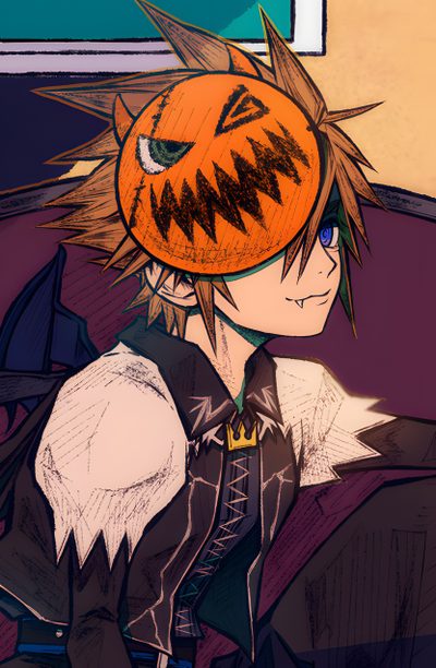 an anime character with a pumpkin on his head Sora Halloween Town 4k Halloween Sora Kingdom Hearts, Halloween Sora Pfp, Halloween Kingdom Hearts, dark slate gray