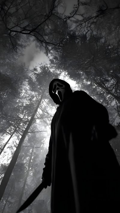 a man with a mask on standing in the woods holding a knife and looking up into the sky Halloween Iphone Aesthetic Black And White Creepy Iphone, Phone 4k Black, Cool Ghostface, dark slate gray