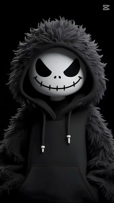 a black and white photo of a jack skellingy doll wearing a hoodie 3d Halloween Live Screen, Android Abstract, Android Live, Halloween Live, Cool Black,