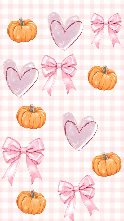 watercolor pumpkins with bows and hearts on a checkered tablecloth background for valentine's day Cute Halloween Heart Cute Fall Backgrounds Bow, Halloween, seashell