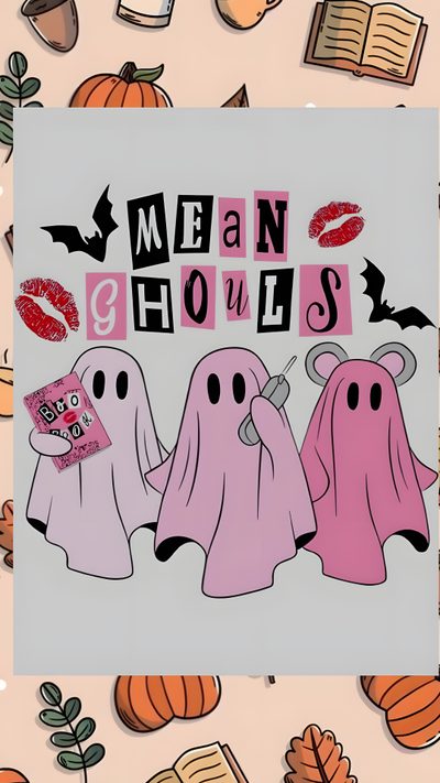 three ghost stickers with the words mean ghouls on them, surrounded by pumpkins and books Cute Halloween Mean Girls Cute, silver