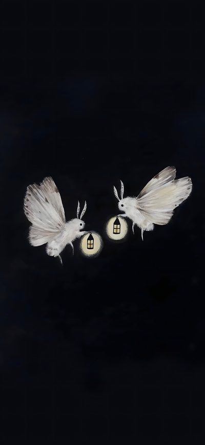 two white birds flying in the dark with their wings spread out and one is holding a lantern Halloween Moth Arte Dell'illustrazione, Arte Inspo, Fairytale Art, Pics Art, Pretty Art, black