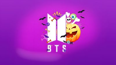 an open book with halloween decorations and bats on the cover, in front of a purple background Bts Halloween Laptop Bts Pumpkin Stencil, Halloween Youtube Logo, Tinytan Logo, dark orchid