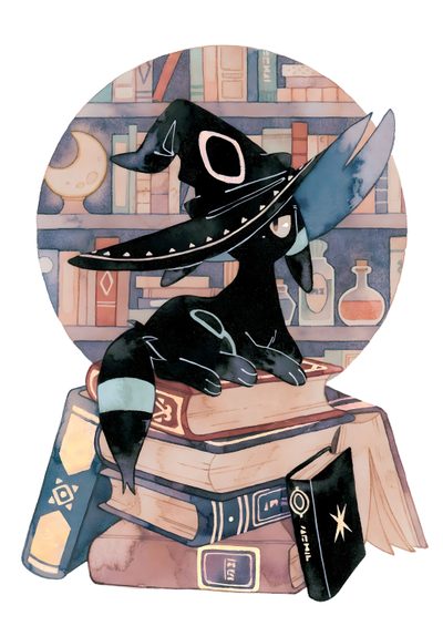 a black dog sitting on top of a pile of books next to a book shelf Halloween Umbreon Pikachu Witch, Dark Academia Pokemon, Cute Goth Pokemon, Mimikyu Illustration, tan