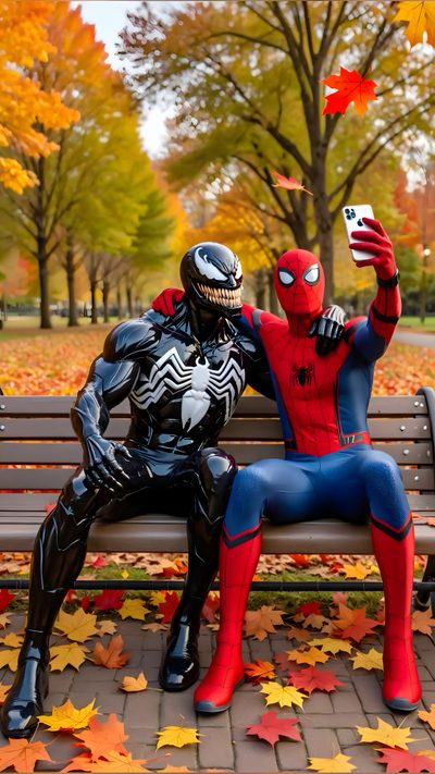 two spider - man sit on a park bench in the fall Marvel Halloween Iphone Pikachu Iphone, Spider Illustration, Pikachu, Film Life, Brick Exterior House, sienna