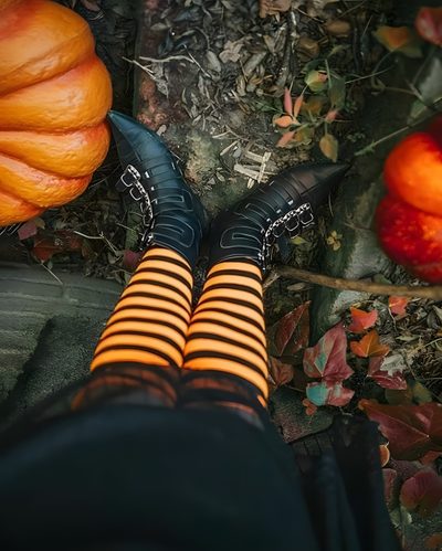a person wearing black and orange striped socks, with their feet in the ground next to pumpkins Happy Halloween Stockings Halloween Knee-high Stockings, Witches Brew, Halloween Night, dark slate gray