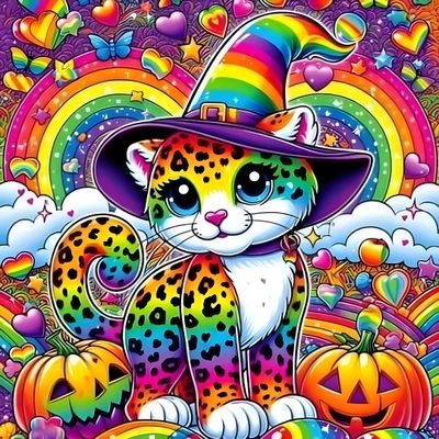 a colorful cat with a hat on it's head sitting in front of a rainbow background Lisa Frank Halloween Lisa Frank Halloween Art, Lisa Frank Icons, Lisa Frank Cat, Lisa Frank Pictures, gray