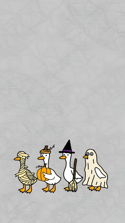 three ducks with witches hats and brooms on their heads are standing in a row Halloween Duck Summer Prints, Iphone Preppy, Duck, Cute Text Symbols, Pink Ipad, Cute Home Screens, silver