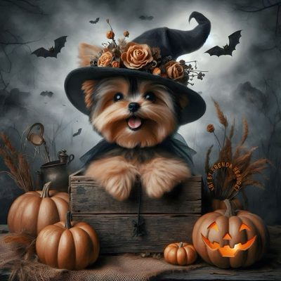 a dog wearing a witches hat sitting on top of a wooden box with pumpkins Yorkie Halloween Yorkie Autumn Pictures, Halloween Yorkie Dog Sign, Yorkie Fall, dark slate gray