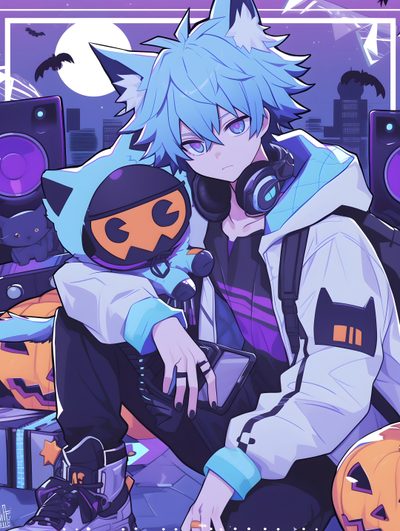 an anime character with headphones sitting in front of a microphone and pumpkins on the ground Halloween Anime Boy Anime Cat With Headphones, Anime Cat Astronaut Drawing, Anime Space Cat, slate blue