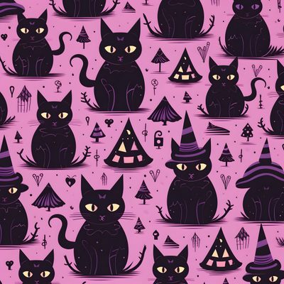 many black cats wearing witches hats and sitting in front of a purple background with trees Feline Halloween - Black On Lavender Halloween Purple Cats Custom, gray