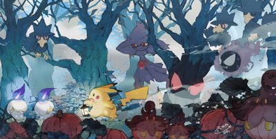 an image of pokemon in the woods with many different types of characters around them and trees Pokemon Halloween Desktop Mimikyu Pc, Pokemon Halloween Computer, Ghost Pokemon, Pokemon Binder, dim gray