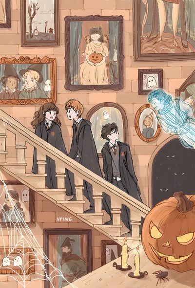 there are many people walking up the stairs with pumpkins in front of them on halloween day Harry Potter Halloween Iphone Harry Potter Background, Harry Potter Illustrations, Potter Art, rosy brown
