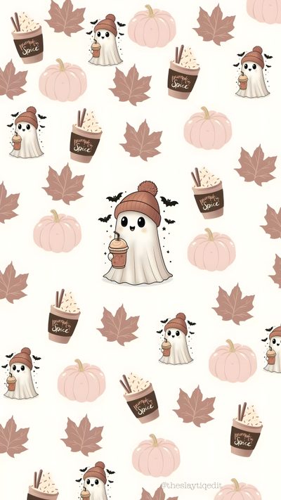a white background with pumpkins, leaves and ghost faces on it's face Halloween Iphone Ghost October Halloween, Cute Halloween Phone, Aesthetic Halloween, floral white