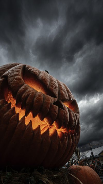 a large carved pumpkin sitting on top of a pile of hay under a cloudy sky Ios 26 Depth Effect Halloween Scary Halloween Iphone, Spooky Halloween Pumpkin, Scary Pumpkin Pictures, dark slate gray