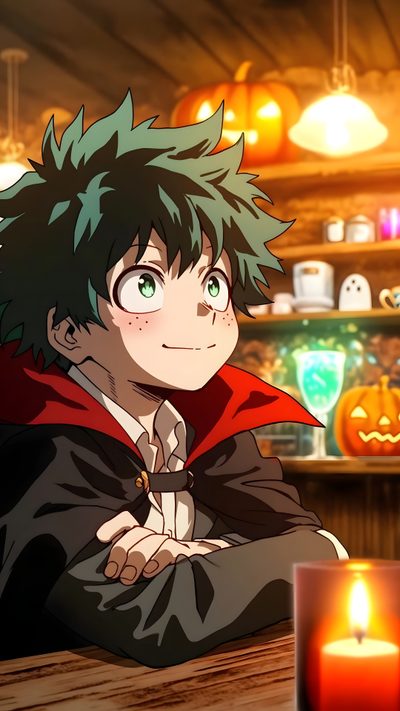 an anime character sitting at a table with a lit candle in front of him and looking to the side Izuku Midoriya Izuku Midoriya Halloween My Hero Academia Cosplay, Izuku Midoriya, My Hero Academia, saddle brown