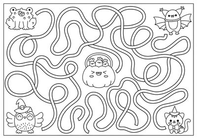 a maze game for children with cartoon animals Halloween Maze Otomi Embroidery Playmat Labyrinth Game, Fun Halloween Activity, Halloween Maze, white