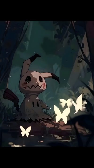 an animated rabbit sitting in the middle of a forest with butterflies flying around it's feet Halloween Mimikyu Cartoon Character With Butterflies, Cute Spooky Character Art, Dark Forest Animation, black