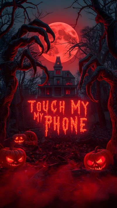 two pumpkins in front of a creepy house with the words touch my phone on it Modern Smartphone With Halloween Iphone Halloween Scary, Halloween Iphone Scary, Scary Halloween Phone Backgrounds, black