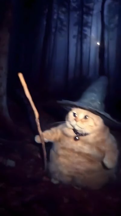 an orange cat wearing a witches hat and holding a stick in the woods at night Funny Halloween Gif Spooky Cat Funny, Halloween Cat Meme Pfp, Halloween Cat Meme Gif, black