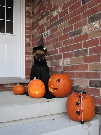 a dog dressed up as a witch sitting on steps with pumpkins in front of it Halloween Boxer Dog Boxer Pumpkin Carving, Boxer Dog Fall Background, Halloween Boxer Dog Skeleton, dim gray