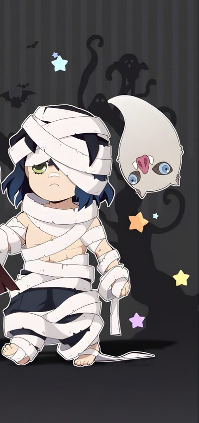 an anime character with bandages wrapped around his head, sitting in front of a skull Inosuke Halloween Halloween, Drawings, dark slate gray