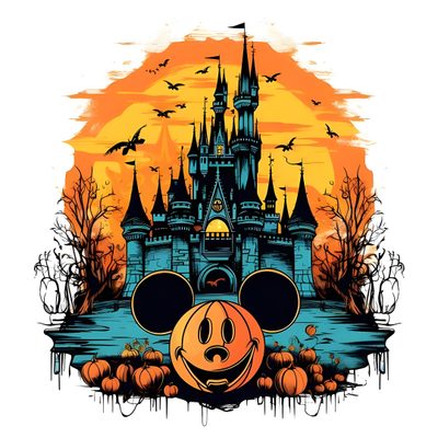 mickey mouse's castle with pumpkins in front of it and bats flying around Disney Castle Halloween Halloween Castle Png, Disney Castle Halloween, Disney Halloween Artwork, navajo white