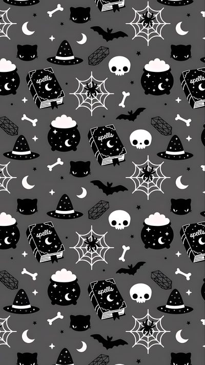 black and white halloween themed wallpaper with skulls Gothic Halloween Pattern In Black And Cute Goth Backgrounds, Goth Halloween, Halloween Goth, dark slate gray