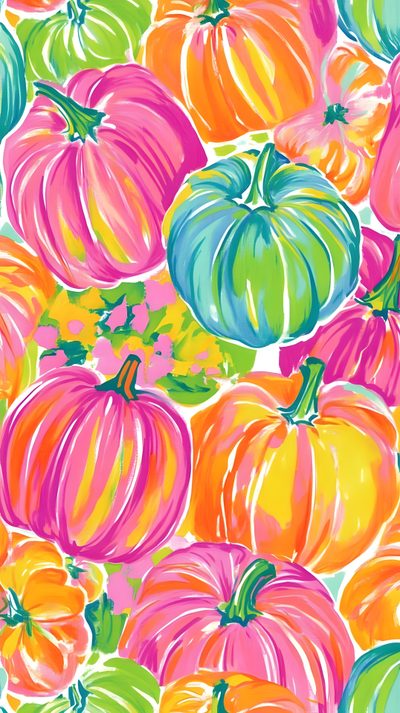 a painting of many different colored pumpkins on a white background with green, orange and pink stripes Lilly Pulitzer Halloween Colorful Pumpkins, Fall Rainbow, Southern Fall, Fall Rainbow Scenery, dark salmon