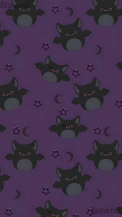 a purple background with black cats and stars Cute Halloween Squishmallow Bat Iphone, Bat Phone, Cute Bat For Phone, Cute Bats Background, dark slate gray
