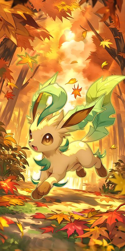 a cartoon pokemon running through leaves in the forest with autumn colors on it's ground Leafeon Halloween Givrali, Pokemon Picture, Art Pokemon, Pokémon Characters, Shiny Eevee, peru