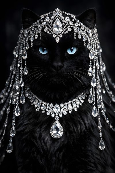 a black cat wearing a tiara with jewels on it's head and eyes Black Cat Diamonds For Halloween In Black Diamond Cat, Black Cat Princess, Black Cat Queen,