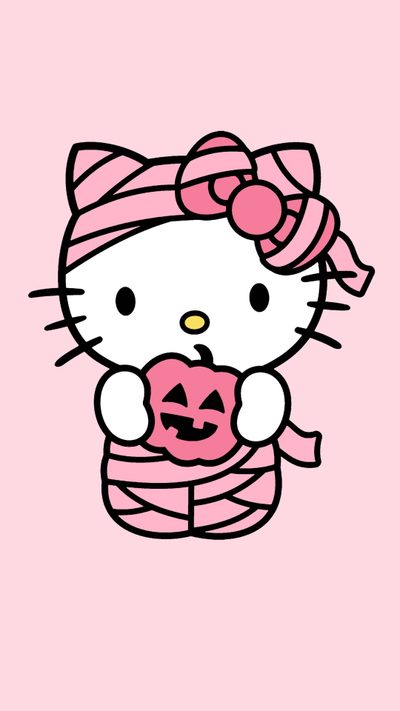 hello kitty holding a pumpkin on a pink background Pink Pink Hello Kitty Halloween Hello Kitty Pumpkin, Hello Kitty Backgrounds, Kitty Drawing, misty rose