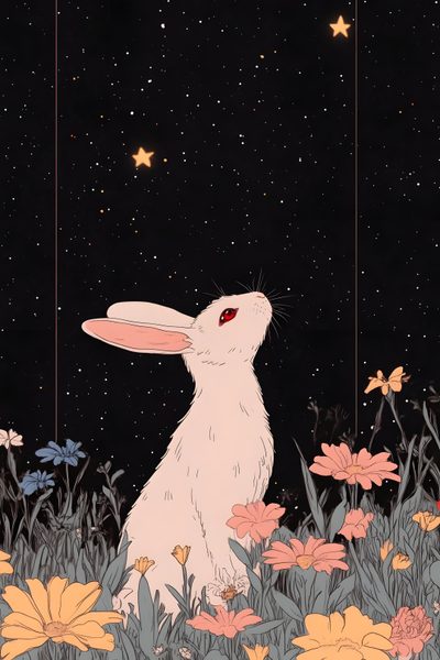 a white rabbit sitting on top of a field of flowers under a sky filled with stars Halloween Rabbit Cute White Rabbit, Rabbit Art, Bunny Art, White Rabbit Iphone, Witch Bunny, black