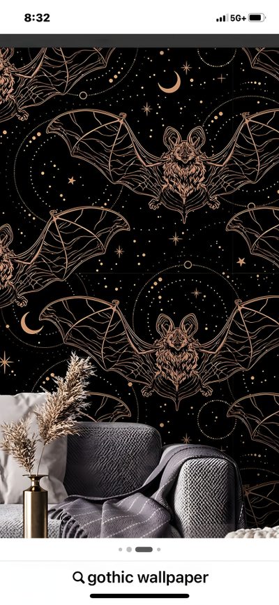 an image of a wallpaper with bats and stars in the night sky on it Halloween Bat For Bedroom Bathroom Inspiration Decor, Decor, Bathroom Inspiration, Wall, black