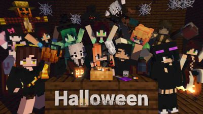 a group of minecraft people standing in front of a table with the words halloween on it Minecraft Halloween Animation Art, Minecraft, Halloween, black
