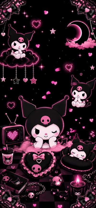 some pink and black wallpapers with hearts, stars and other things on it Kuromi Halloween Iphone Kuromi, Pink And Black Aesthetic, Phone, Iphone,