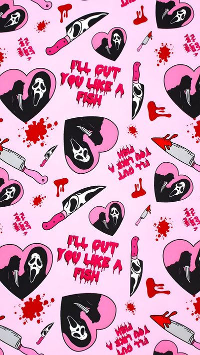 a pink background with black and red hearts, knifes, and skulls on it Halloween Valentines Halloween Iphone Backgrounds, Halloween Backgrounds, Halloween Cute, lavender blush