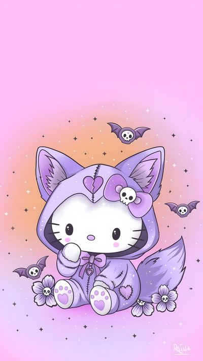 a cartoon cat sitting on top of a pile of flowers and bats in front of a pink background Halloween Kitty Lilac Custom Kawaii Cat Drawing, Hello Sanrio, Anime Lock Screen, lavender