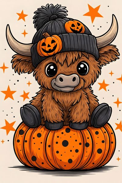 a brown cow sitting on top of a pumpkin Cute Halloween Highland Cow Cow Cartoon Images, Cow Print, Cow, Cow Drawing, Highland Cow Painting, peru