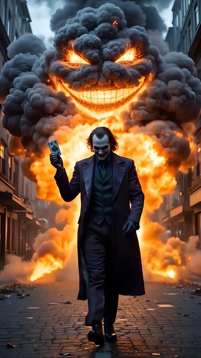 the dark knight joker is shown in front of a large fire with his mouth open Joker Halloween Joker Picture, Batman Who Laughs 4k, Cool Joker, Batman Who Laughs Live, dark olive green