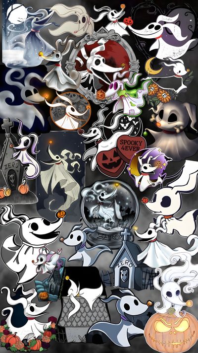 an image of halloween stickers on the back of a cell phone with ghost and pumpkins Zero Halloween Jack Skeleton, Nightmare Before Christmas Decorations, Zero, Dessins Sympas, dim gray