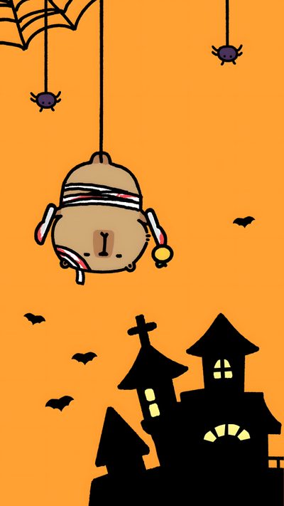 an orange halloween background with bats and spider webs hanging from it's ceiling Capybara Halloween Cute Capybara Halloween, Capybara Halloween, Fall Capybara, goldenrod