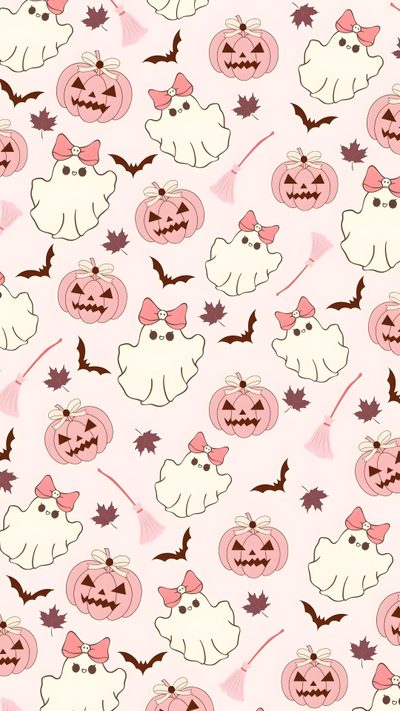 a pink background with pumpkins and bats Pink Preppy Halloween Halloween Backgrounds Pink, Soft Halloween, For Halloween, seashell