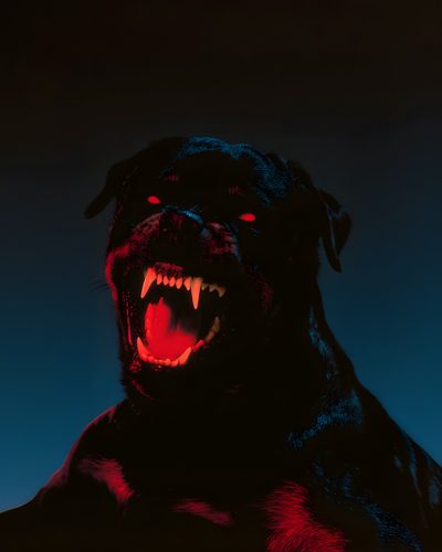 a black dog with its mouth open and it's teeth lit up in red Halloween Rottweiler Dog 101, Y2k Inspo, Fennec Fox, Black Dog, Rottweiler, New Tattoos,