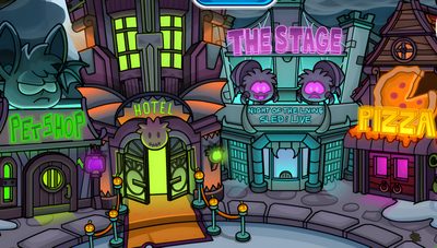 an image of a cartoon town with neon lights Club Penguin Halloween Club Penguin Pizzeria, Club Penguin Pizza Parlor, Halloween Club Penguin, dark slate gray