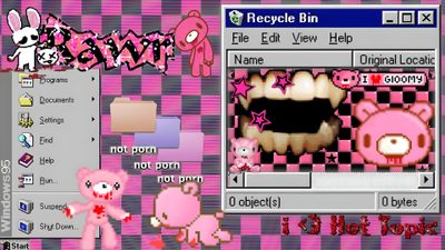 an image of a computer screen with pink characters Gloomy Bear Halloween Gloomy Bear Desktop, Gloomy Bear, Scenecore Background, 2000 Background, rosy brown