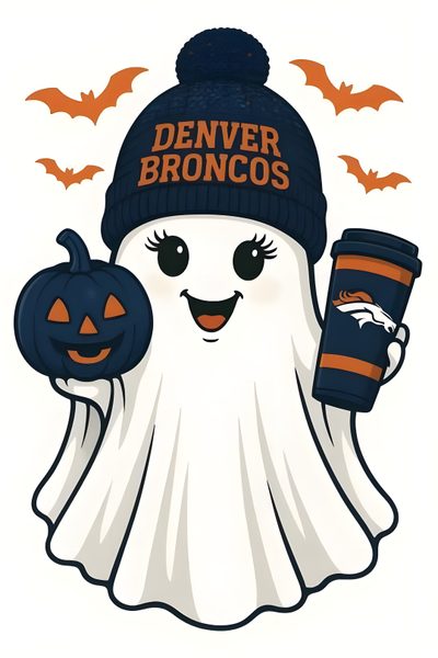 a white ghost holding a cup and wearing a black hat with denver browns on it Denver Broncos Halloween Denver Broncos Halloween, Broncos, Trading Card Ideas, Go Broncos, white smoke