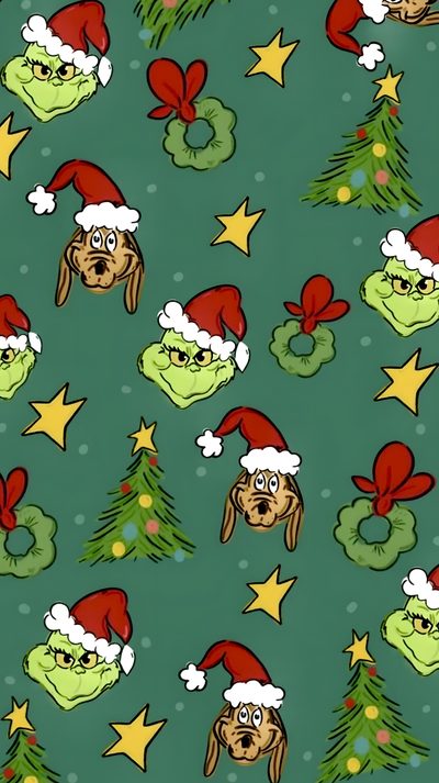 a green background with dogs wearing christmas hats Halloween Grinch The Grinch Christmas Background, The Grinch Gif, Grinch And Max Background, sea green